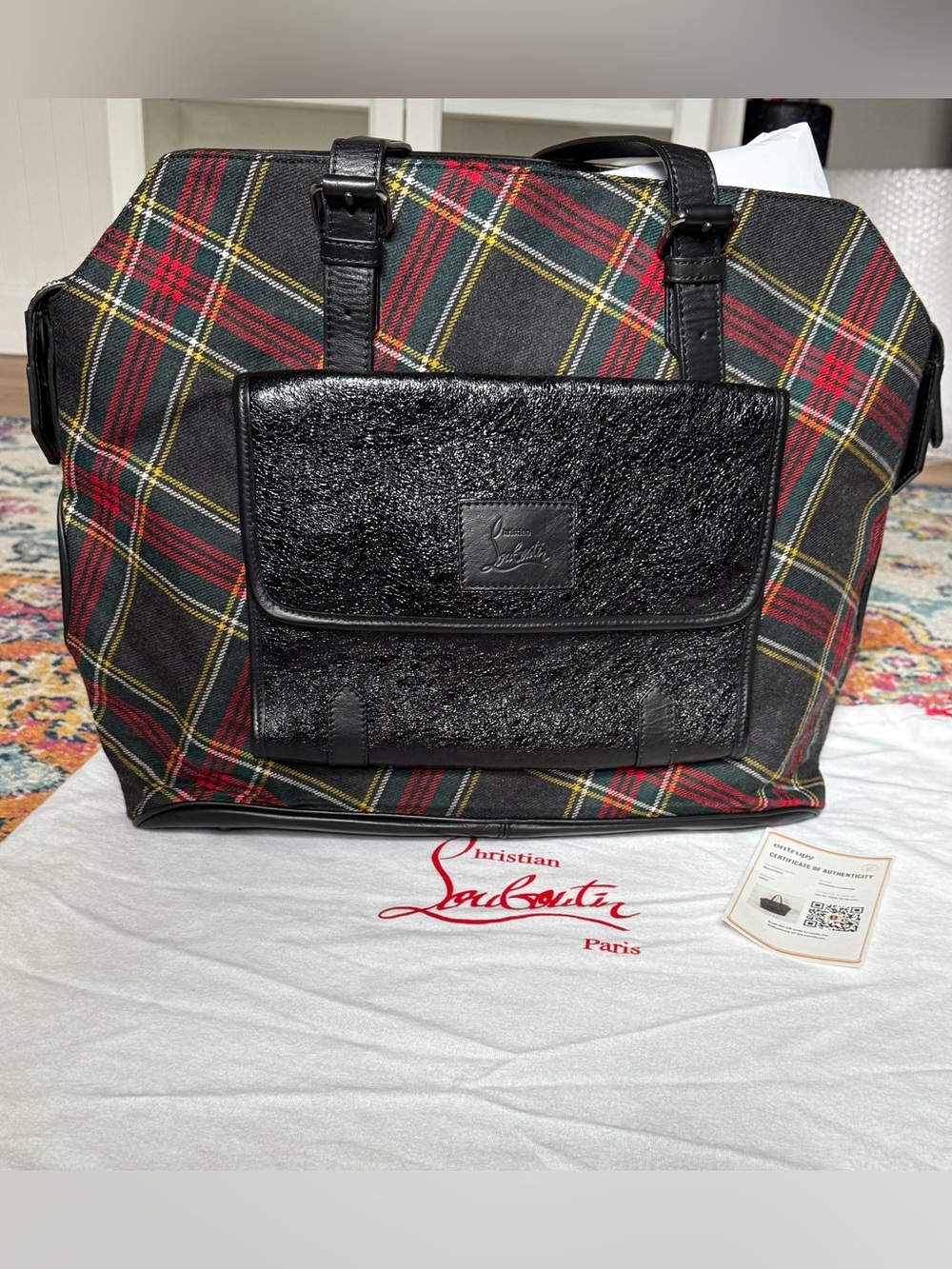 Christian Louboutin Tartan Wool & Leather Travel Tote Bag Authentic Certified